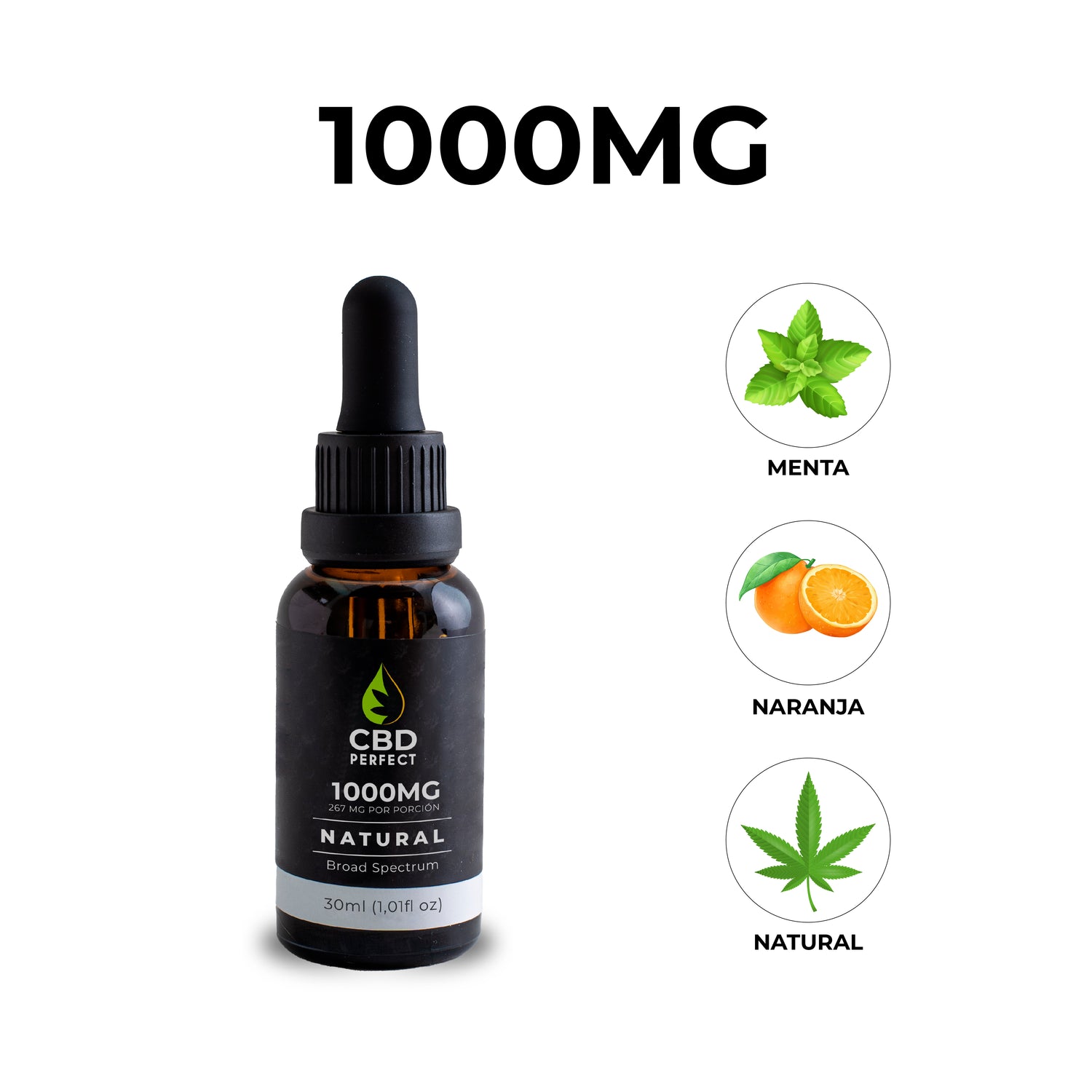 Gotero de CBD 1000 mg con sabores menta, naranja y natural de CBD Perfect