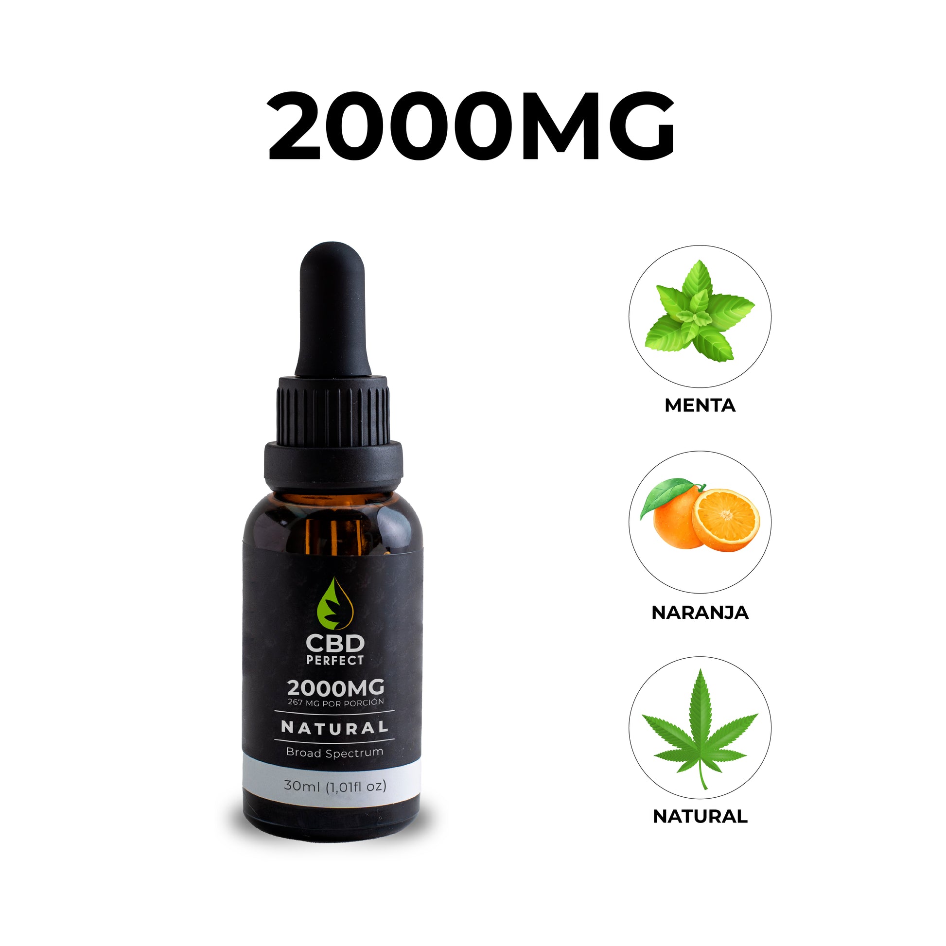Gotero de CBD 2000 mg con sabores menta, naranja y natural de CBD Perfect