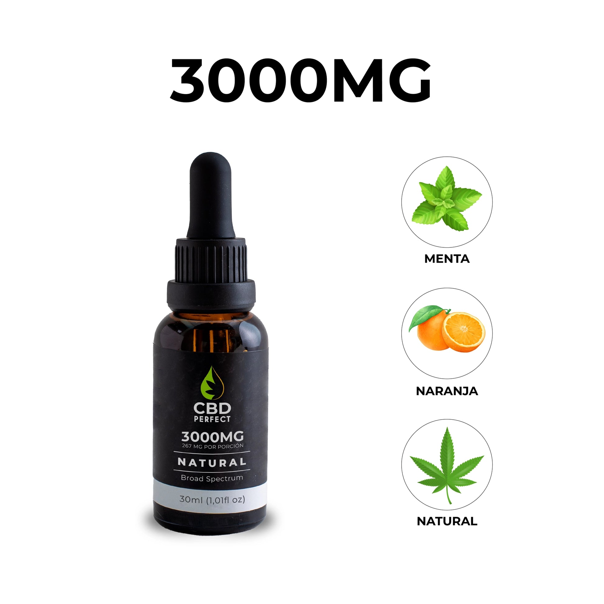 Gotero de CBD 3000 mg con sabores menta, naranja y natural de CBD Perfect