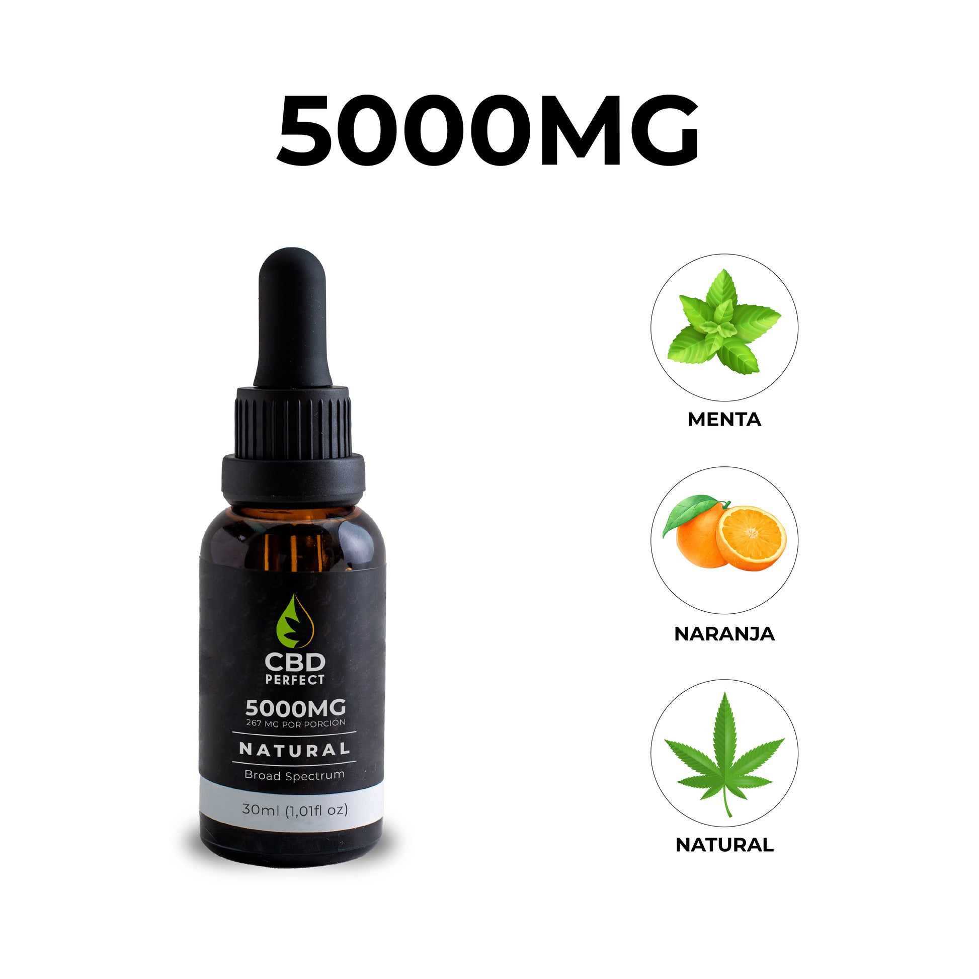 Gotero de CBD 5000 mg con sabores menta, naranja y natural de CBD Perfect